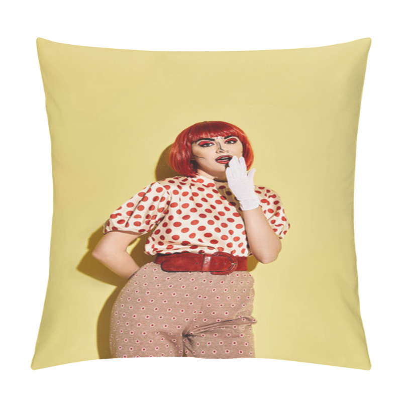 Personality  A Vibrant Redhead Woman Adorned In Polka Dots And Bold Makeup Against A Yellow Backdrop, Resembling A Character From Comics. Pillow Covers