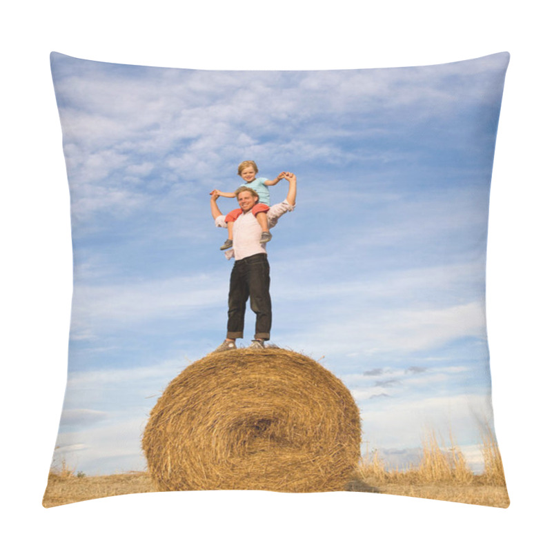 Personality  Father And Son Standing On Hay Bale Under Blue Sky Pillow Covers