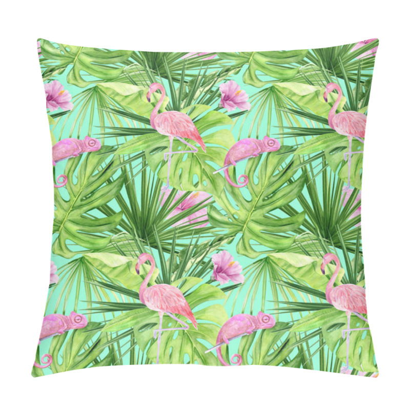 Personality  Watercolor Illustration Seamless Pattern Of Tropical Leaves And Pink Flamingo. Perfect As Background Texture, Wrapping Paper, Textile Or Wallpaper Design. Hand Drawn Pillow Covers