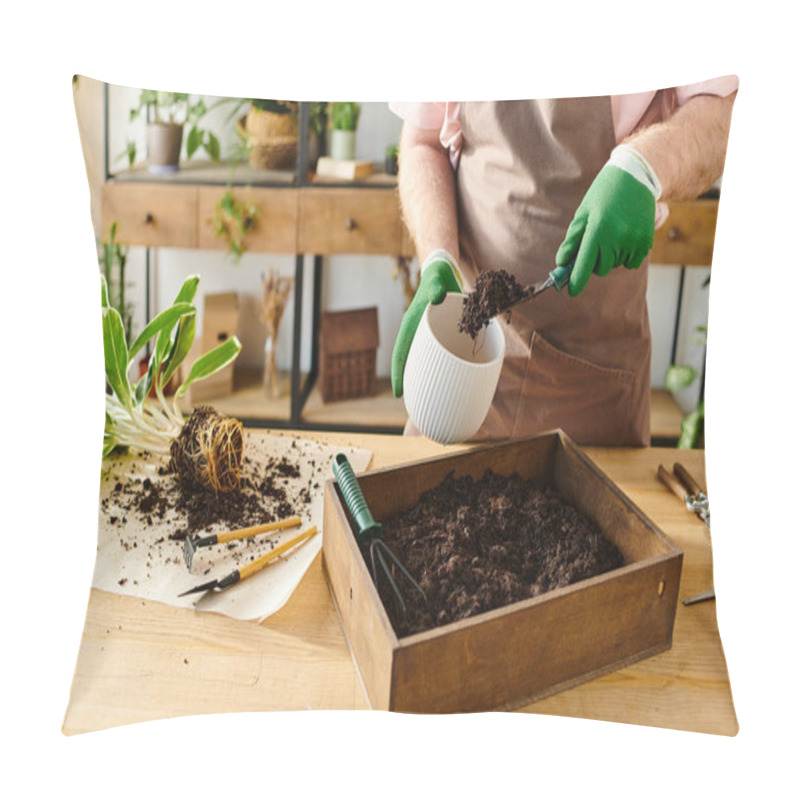 Personality  A Person In A Pink Shirt And Green Gloves Carefully Placing Dirt In A Container At A Plant Shop. Pillow Covers