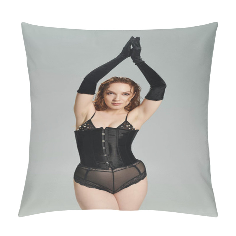 Personality  Striking Red Haired Woman Poses Confidently In Chic Black Outfit With Elegant Gloves. Pillow Covers