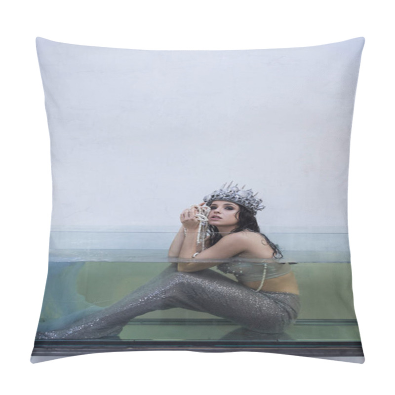 Personality  A Mermaid Sits In A Tank Of Water, Wearing A Crown And Holding A String Of Pearls. Pillow Covers