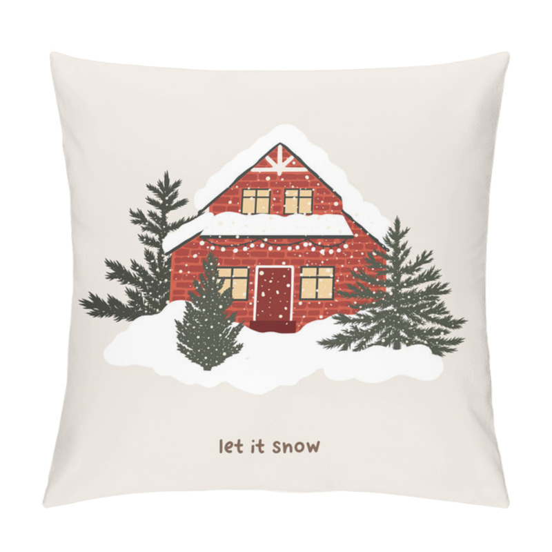 Personality  Christmas Snowy House Outside Interior With Winter Landscape And Fir Trees Pillow Covers