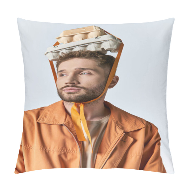 Personality  A Man With A Beard And An Orange Jacket Wears An Egg Carton Crown. Pillow Covers