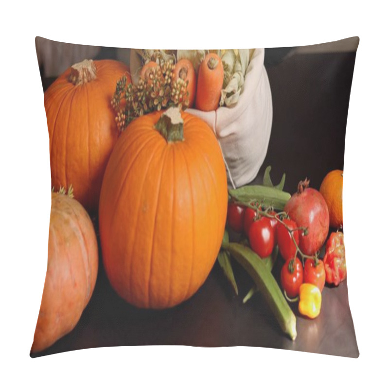 Personality  Pumpkins, Cherry Tomatoes, Pepper Evoke Festive Harvest Scene. Rustic Charm And Warm Seasonal Colors Create Cozy Autumn Atmosphere, Perfect For Indoor Gatherings, Fall Decor, Harvest Setup. Pillow Covers