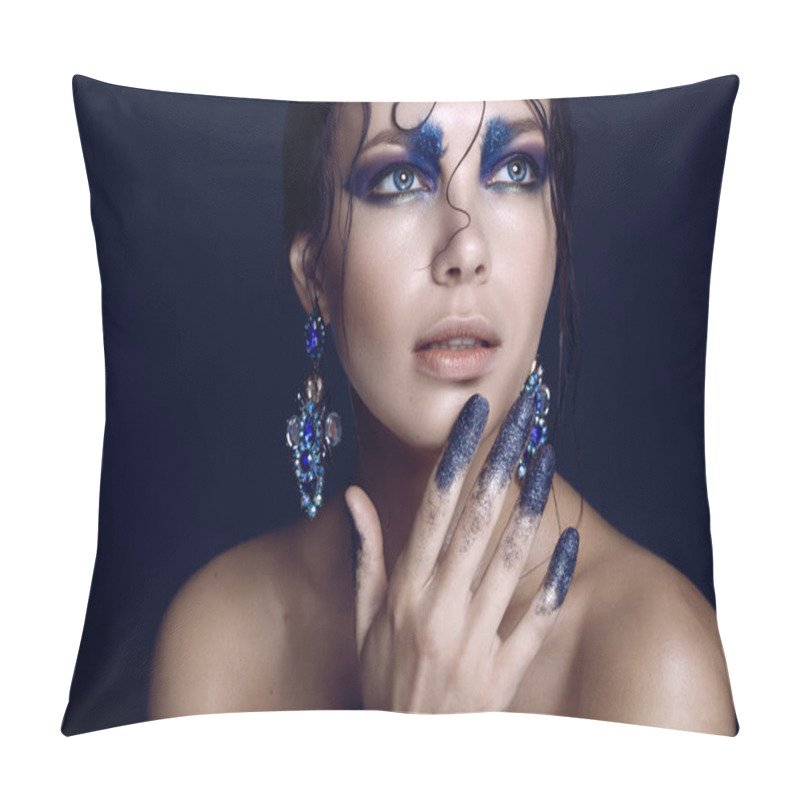 Personality  Beauty Shooting, Fashion Model With The Evening Blue Shiny Makeup, Wet Hairstyle And Tinsel On Her Fingers Pillow Covers