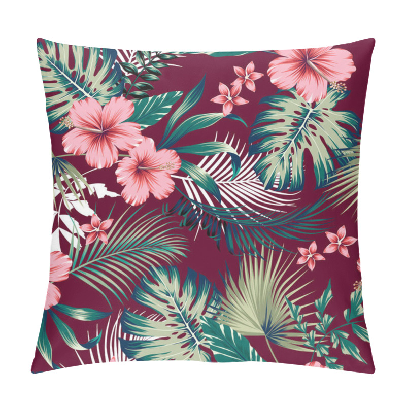 Personality  Vector Seamless Botanical Tropical Pattern With Flowers. Lush Foliage Floral Design With Monstera Leaves, Areca Palm Leaves, Fan Palm, Hibiscus Flower, Frangipani Flower. Modern Allover Background. Pillow Covers