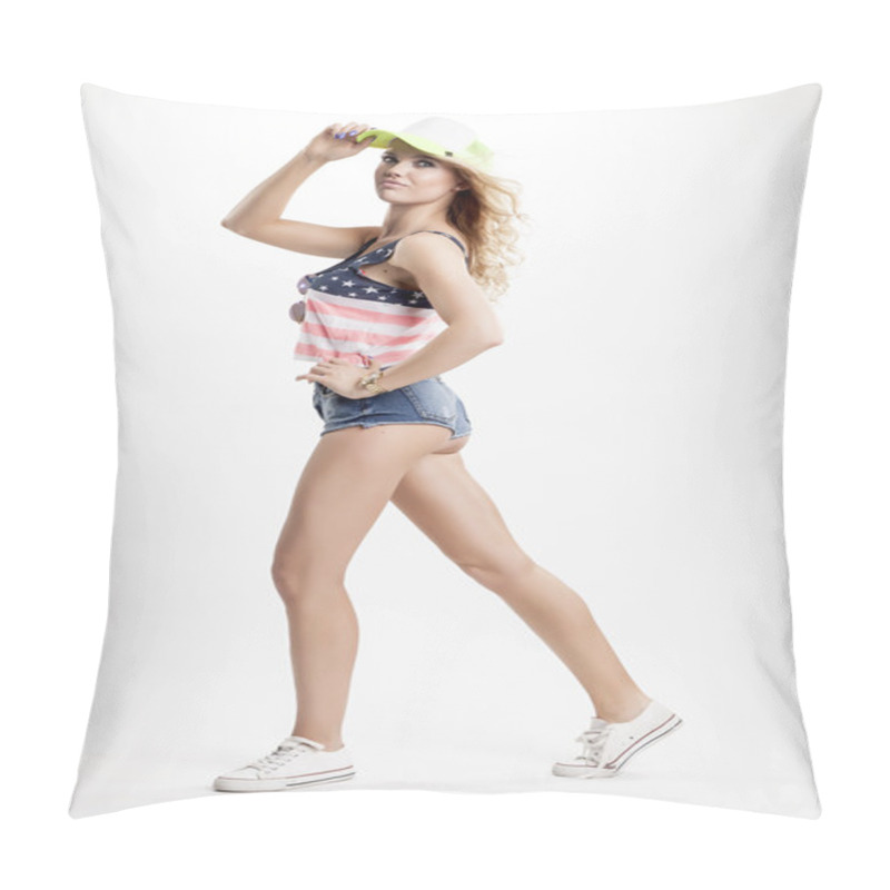 Personality  Blonde Woman Posing In American Flag Shirt Pillow Covers