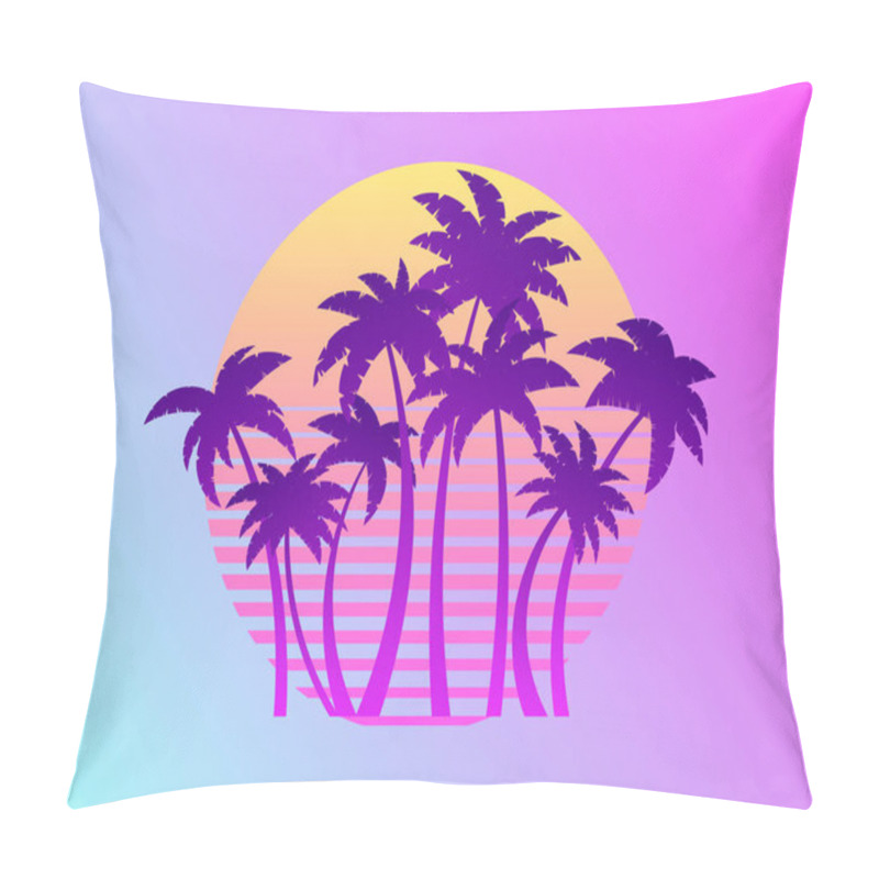 Personality  Palm Trees On A Sunset 80s Retro Sci-fi Style. Summer Time. Futuristic Sun Retro Wave. Gradient Palm Trees. Design For Advertising Brochures, Banners, Posters, Travel Agencies. Vector Illustration Pillow Covers