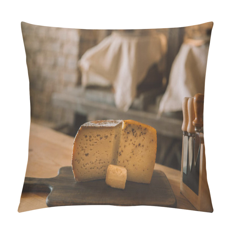 Personality  Close-up Shot Of Sliced Cheese On Cutting Board With Various Knives On Stand Pillow Covers