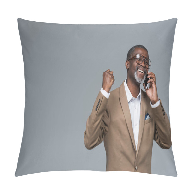 Personality  Excited African American Businessman Showing Success Gesture While Talking On Cellphone Isolated On Grey Pillow Covers