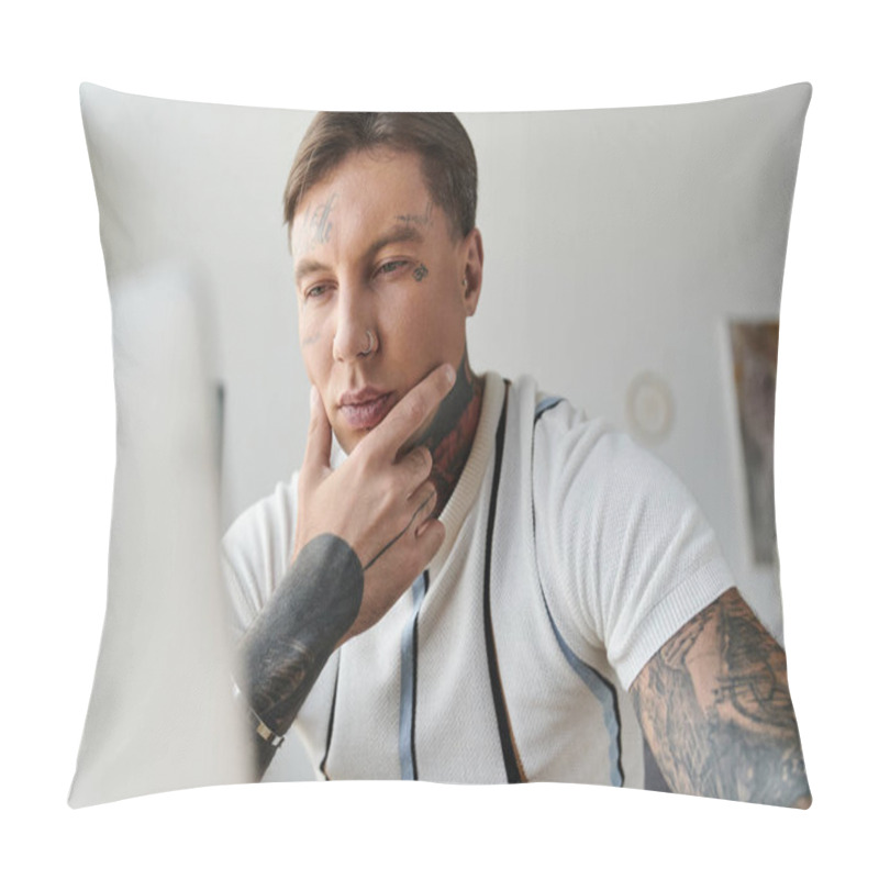 Personality  A Young Man With Tattoos Is Concentrating While Using His Laptop In A Bright Room. Pillow Covers