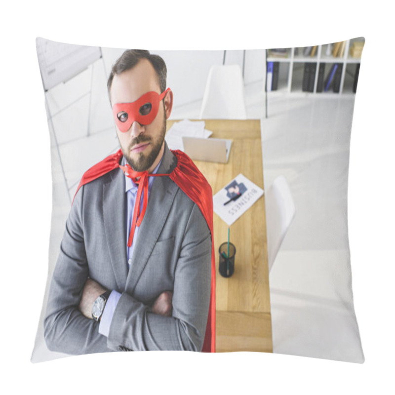 Personality  High Angle View Of Super Businessman In Mask And Cape Looking At Camera In Office  Pillow Covers