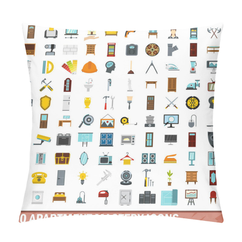 Personality  100 Apartment Mastery Icons Set, Flat Style Pillow Covers