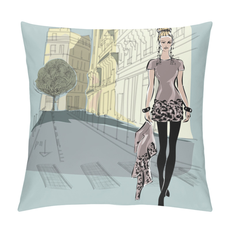 Personality  Fashion Models In Sketch Style With Paris City Background Pillow Covers