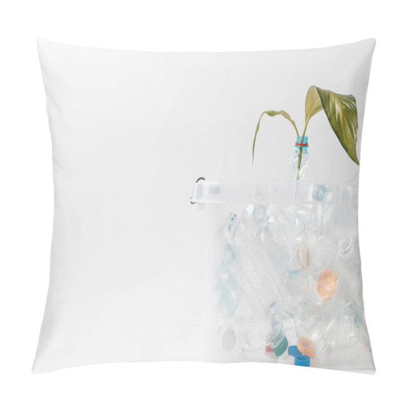 Personality  Close Up View Of Container With Plastic Bottles And Green Leaves Isolated On White, Recycling Concept Pillow Covers