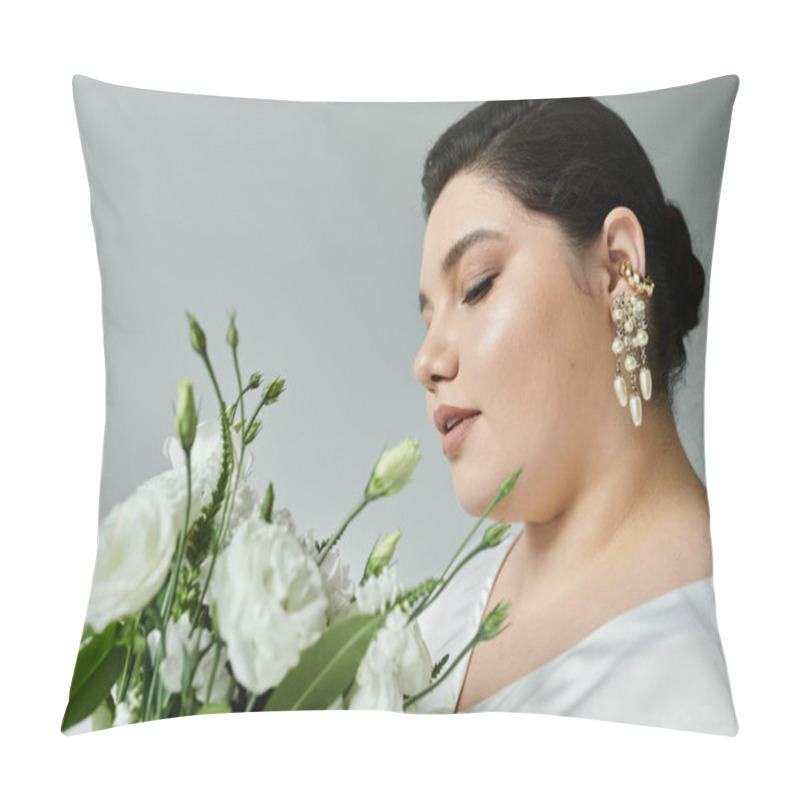 Personality  A Beautiful Plus Size Bride Wears A Stunning White Gown And Elegant Earrings, Holding A Bouquet Serenely. Pillow Covers