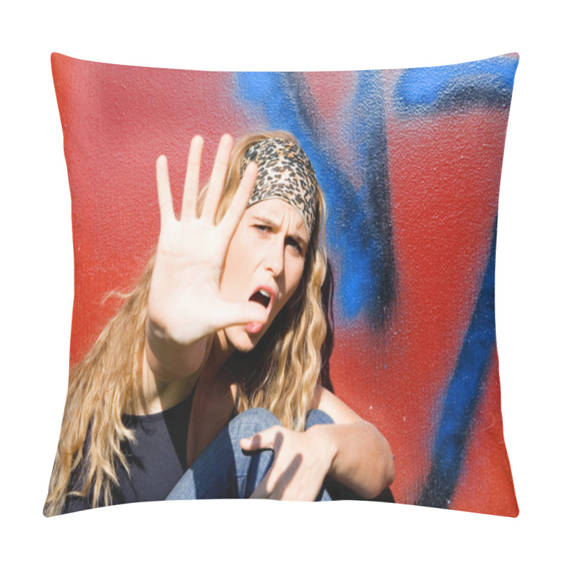 Personality  Angry Rebellious Teen Hand Up To Say No Pillow Covers