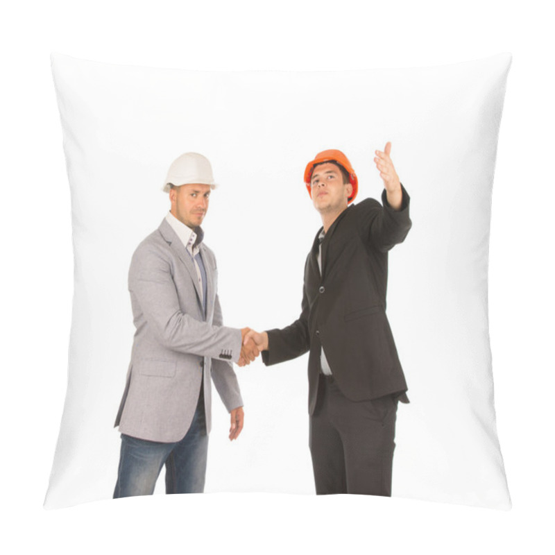 Personality  Two Middle Age Building Designers Shaking Hands Pillow Covers