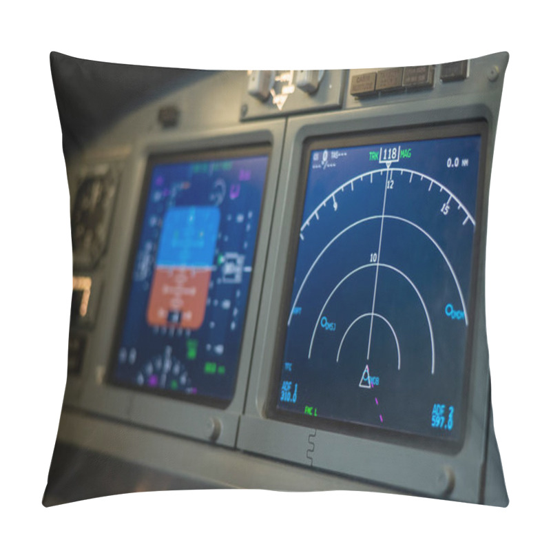 Personality  Navigation On Board The Aircraft. Close-up Of An Airplane Dashboard.  Pillow Covers