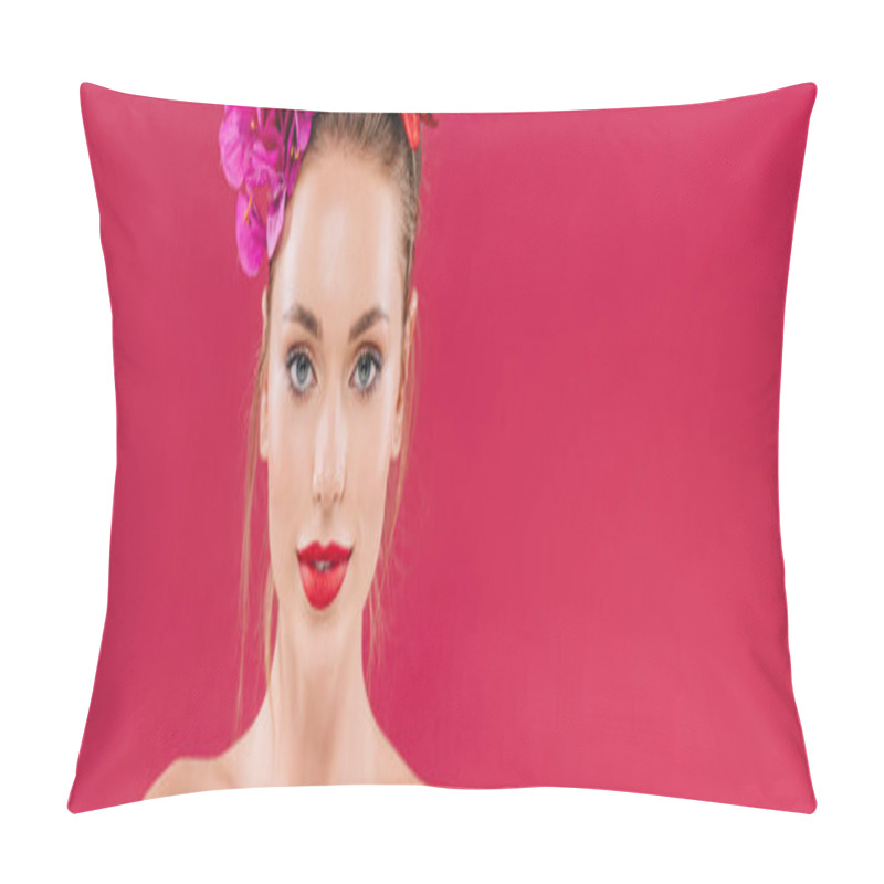 Personality  Naked Beautiful Woman With Red Lips And Floral Wreath On Head Isolated On Crimson, Panoramic Shot Pillow Covers