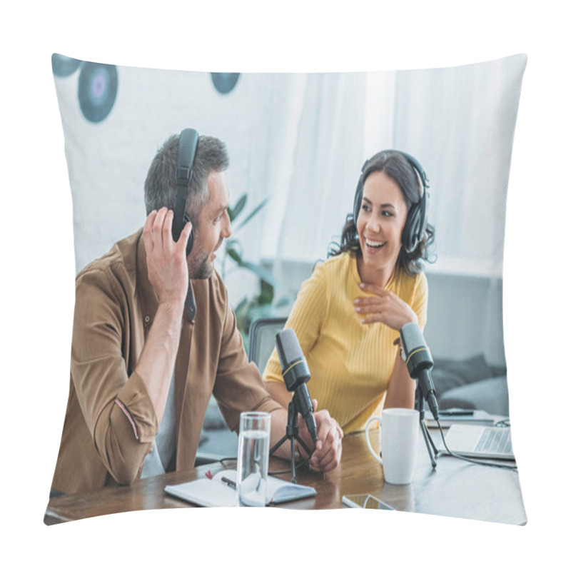 Personality  Two Cheerful Radio Hosts In Headphones Recording Podcast In Broadcasting Studio Pillow Covers