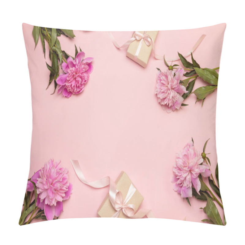 Personality  Spring Floral Composition Of Peonies And Gifts On A White And Pink Table Background Pillow Covers