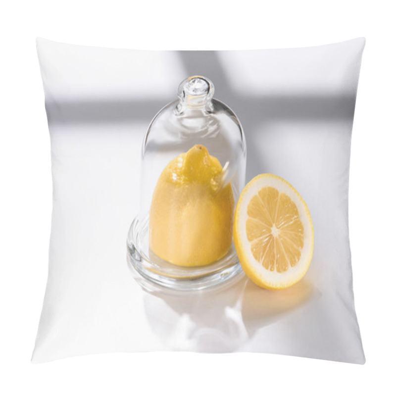 Personality  Close Up View Of Fresh Lemon In Glassware On White Tabletop Pillow Covers