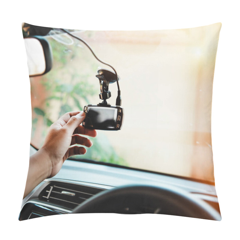 Personality  In Selective Focus Of The Human Hand Is Touching Car Camera,before Driving,for Checking System Of The Camera Recording ,the Technology For Car User,warm Light Tone,blurry Light Around Pillow Covers