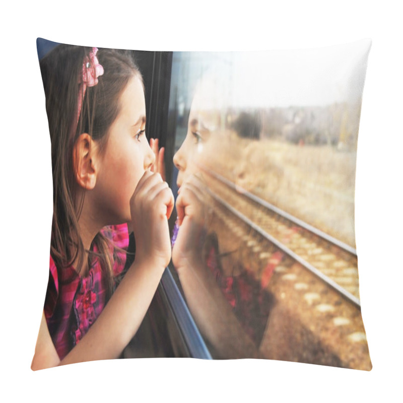 Personality  Little Girl Looking Through Window. She Travels On A Train. Pillow Covers