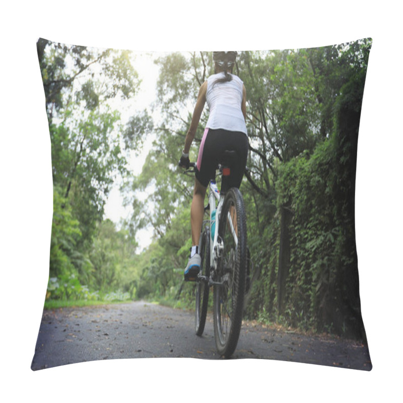 Personality  Woman Cyclist Riding Mountain Bike On Tropical Rainforest Trail Pillow Covers