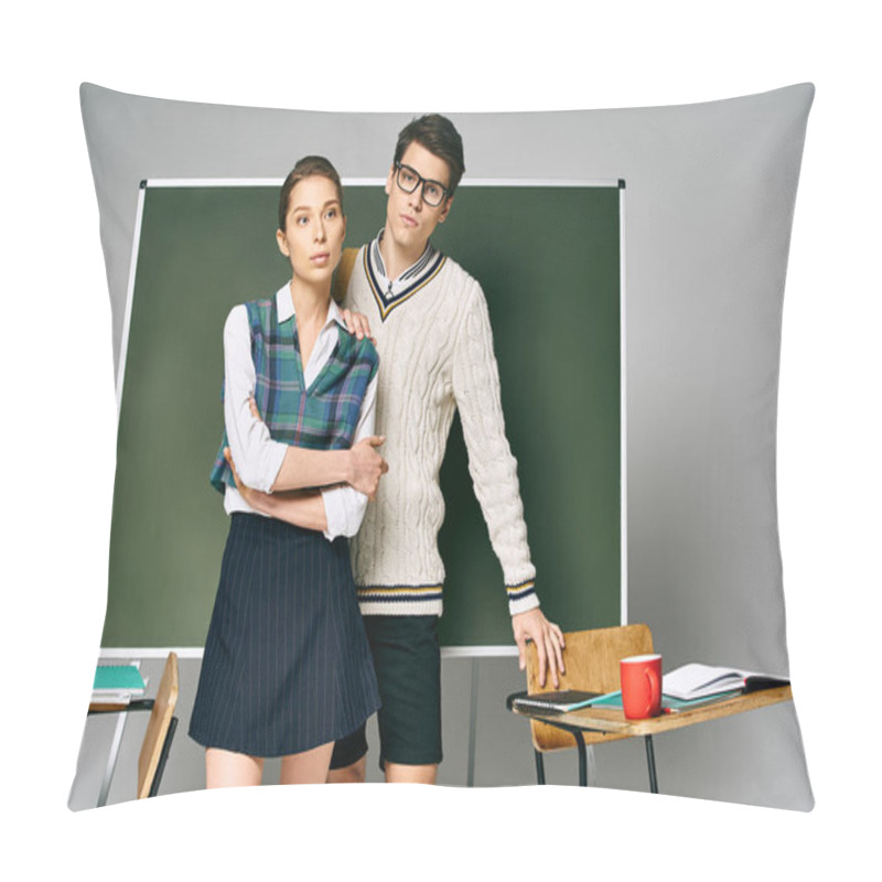 Personality  Elegant Man And Woman Stand In Front Of A Green College Green Board. Pillow Covers