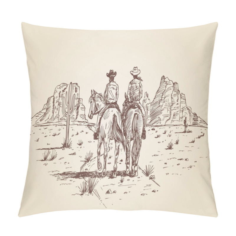 Personality  Hand Drawn Of Two Cowboys Riding Horses In Dessert. Vector Illustration Pillow Covers