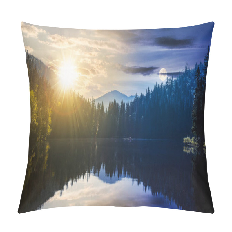 Personality  Day And Night Time Change Concept Above Tranquil Landscape With Lake In Summer. Forest Reflection In The Calm Water At Twilight. Beautiful Nature Scene With Sun And Moon. Peaceful Outdoor Environment Pillow Covers