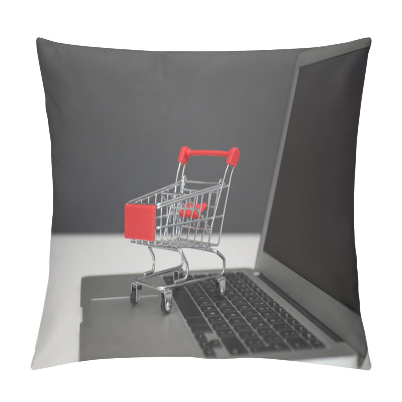 Personality  Internet Shopping. Laptop With Small Cart On Table Against Grey Background Pillow Covers