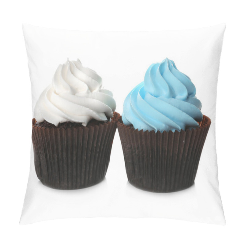 Personality  Fresh Delicious Cupcakes In A Row Isolated On White Background Pillow Covers