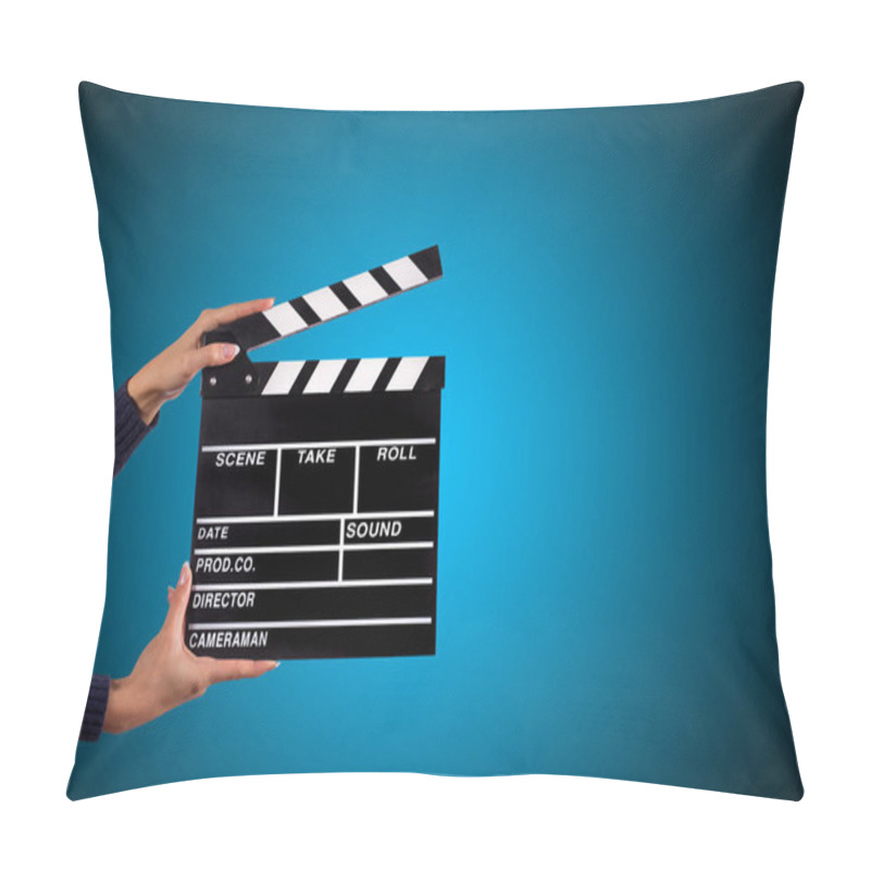 Personality  Clapperboard Sign Hold By Female Hands. Pillow Covers