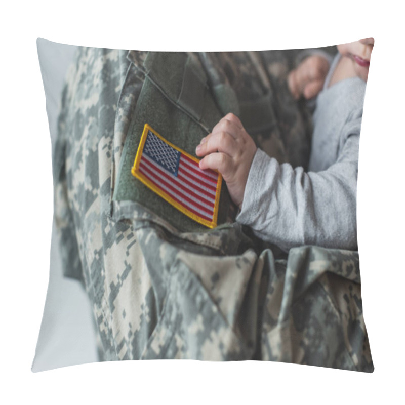 Personality  Cropped View Of American Soldier In Uniform Holding In Arms Newborn Boy Isolated On Grey Pillow Covers