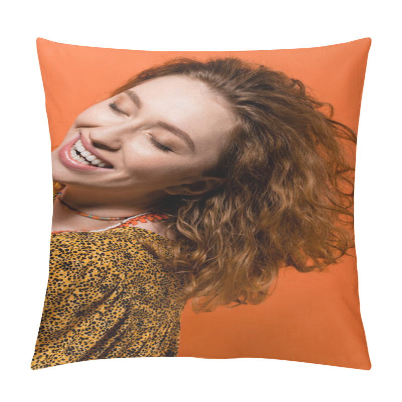 Personality  Portrait Of Happy Young Red Haired Woman In Necklaces And Trendy Blouse With Abstract Pattern Standing Isolated On Orange, Stylish Casual Outfit And Summer Vibes Concept, Youth Culture Pillow Covers