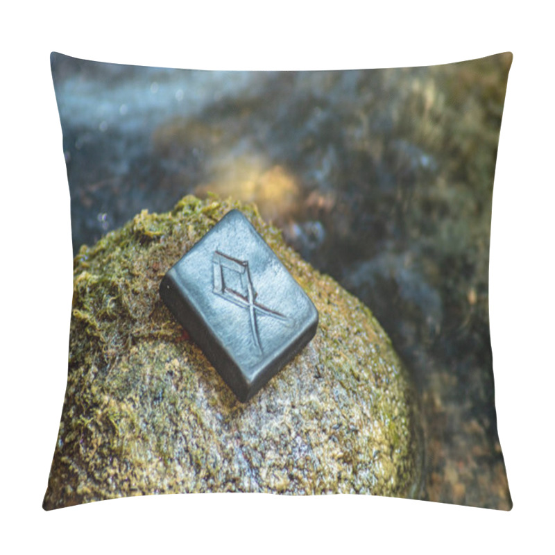 Personality  Norse Rune Othala (Odal) On The Stone And The Evening River Background. Men's Maturity, Family, Home, Tradition, Property Protection. The Rune Is Associated With The Supreme Scandinavian God Odin. Pillow Covers