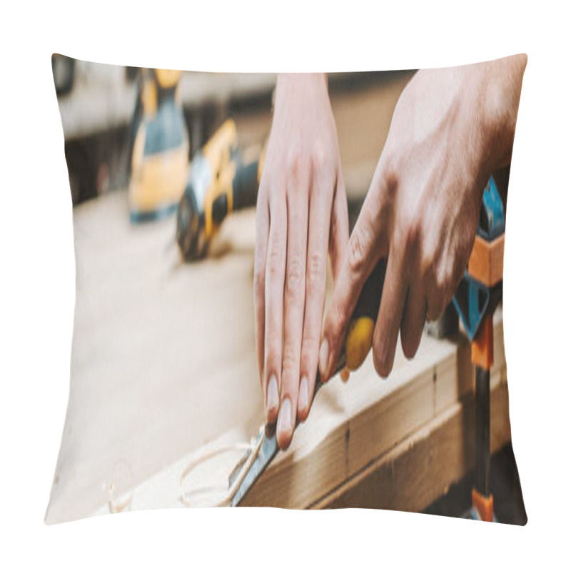 Personality  Panoramic Shot Of Carpenter Cutting Wooden Plank  Pillow Covers