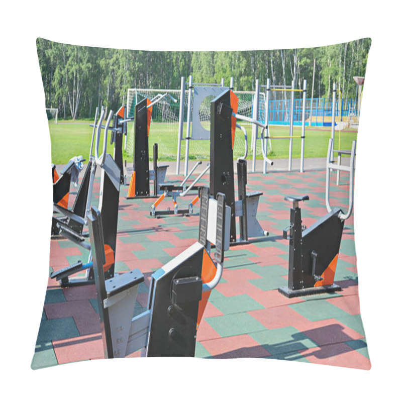 Personality  Outdoors Fitness Equipment. Sport Stadium Or Athletic Ground. Empty Training Center Outdoors. No People. Summer Sport Concept. Street Workout Gym. Public Sport Place. Pillow Covers