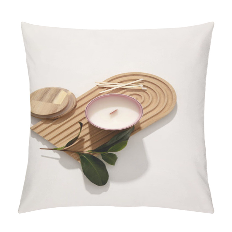 Personality  A Jar Of Scented Candles Is Placed On A Domed Wooden Platform With Cotton Swabs And Green Leaves On A White Background. Enjoy Relaxing Moments With The Scent Of Candles. Pillow Covers