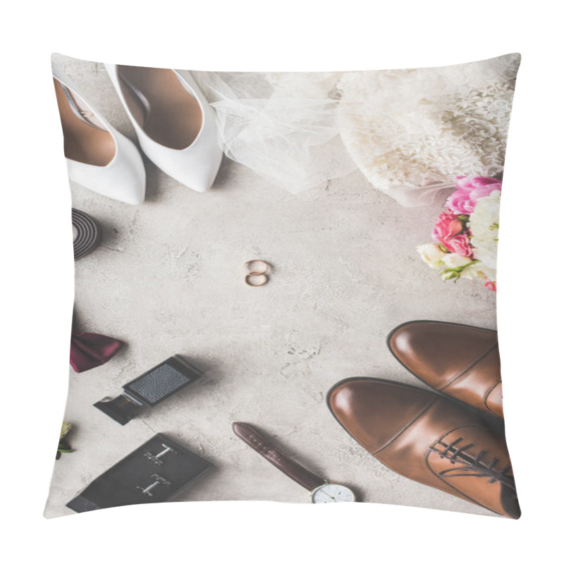 Personality  Top View Of Wedding Accessories And Rings On Gray Tabletop Pillow Covers