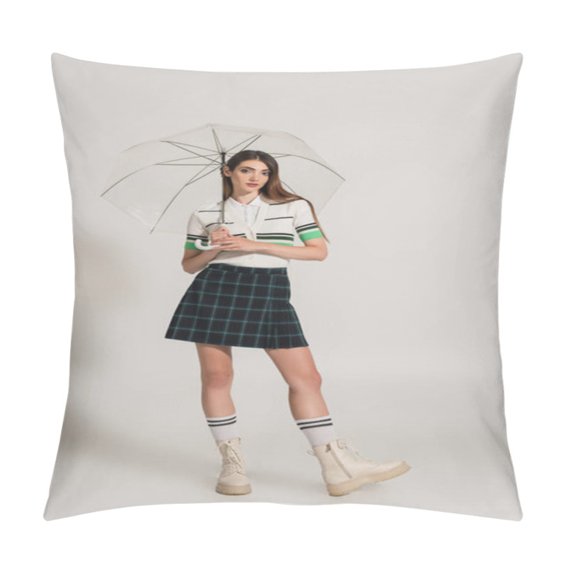 Personality  Young Model In Plaid Skirt And High Boots Posing Under Umbrella On Grey Background Pillow Covers