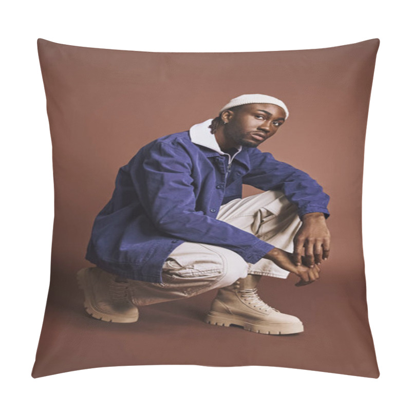 Personality  A Handsome Young African American Man Dressed In A Stylish Blue Jacket And White Pants. Pillow Covers