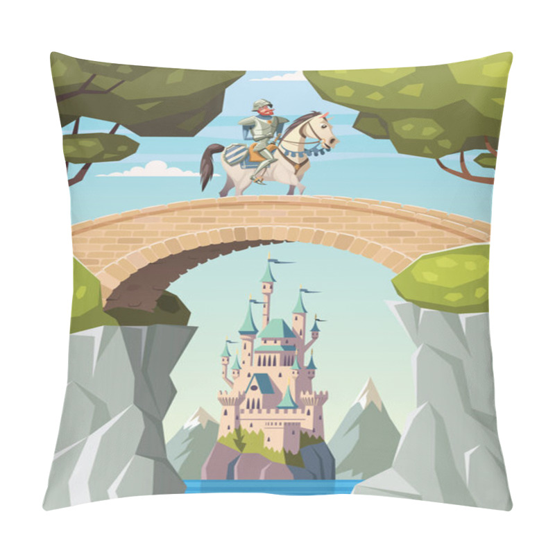 Personality  Knight On Horseback Crosses The Bridge And Castle In Background Pillow Covers