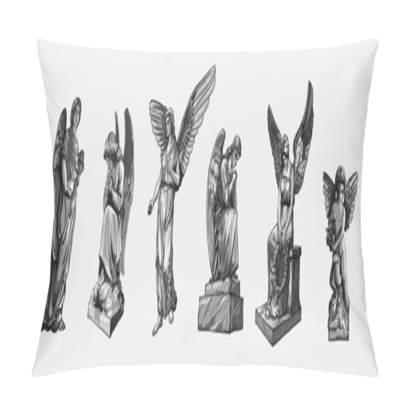 Personality  Set Off Crying Praying Angels Sculptures With Wings. Monochrome Illustration Of The Statues Of An Angel. Isolated. Vector Illustration. Pillow Covers