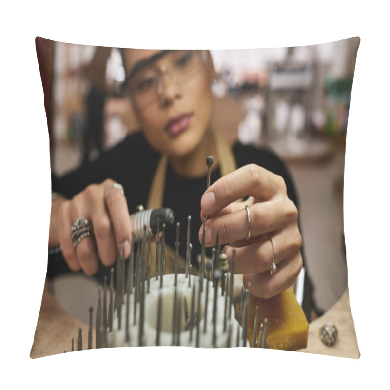 Personality  A Talented Woman Carefully Crafts Stunning Jewelry While Focused On Her Precision Work With Tools. Pillow Covers