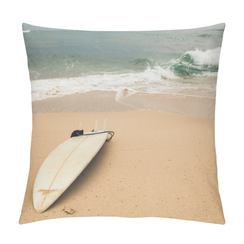 Personality  White Surfboard On Sandy Beach  Pillow Covers